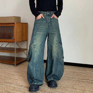 AIDASE  -  American Style Male Washed Jeans Large Pocket Design Loose Wide-Leg Scimitar Long Pants 2025 New Fashion Menswear 21E6838 aidase-shop